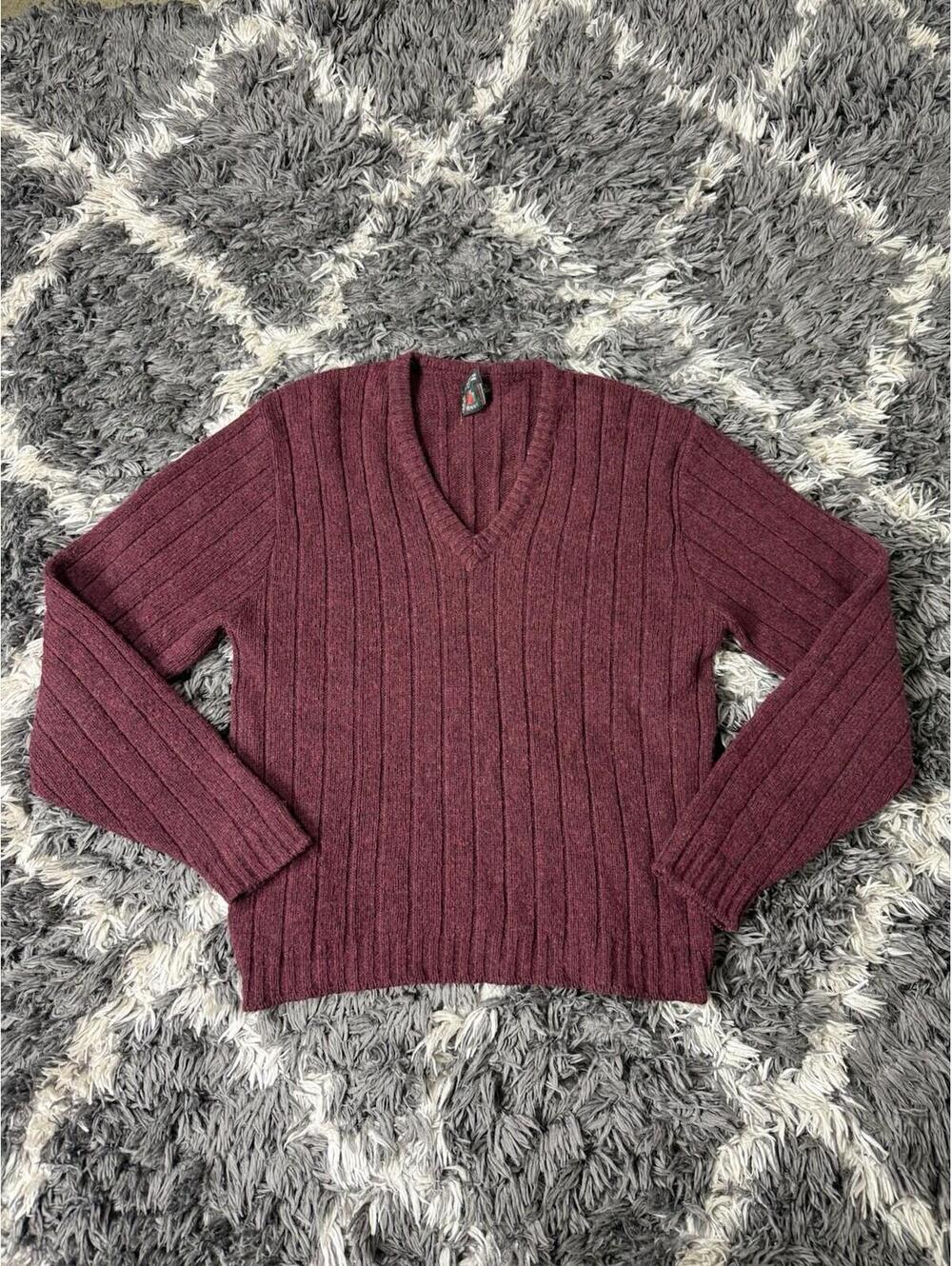 Vtg 90s Rugby Shetland Wool V-Neck Sweater Men's Large L Burgundy Ribbed Knit